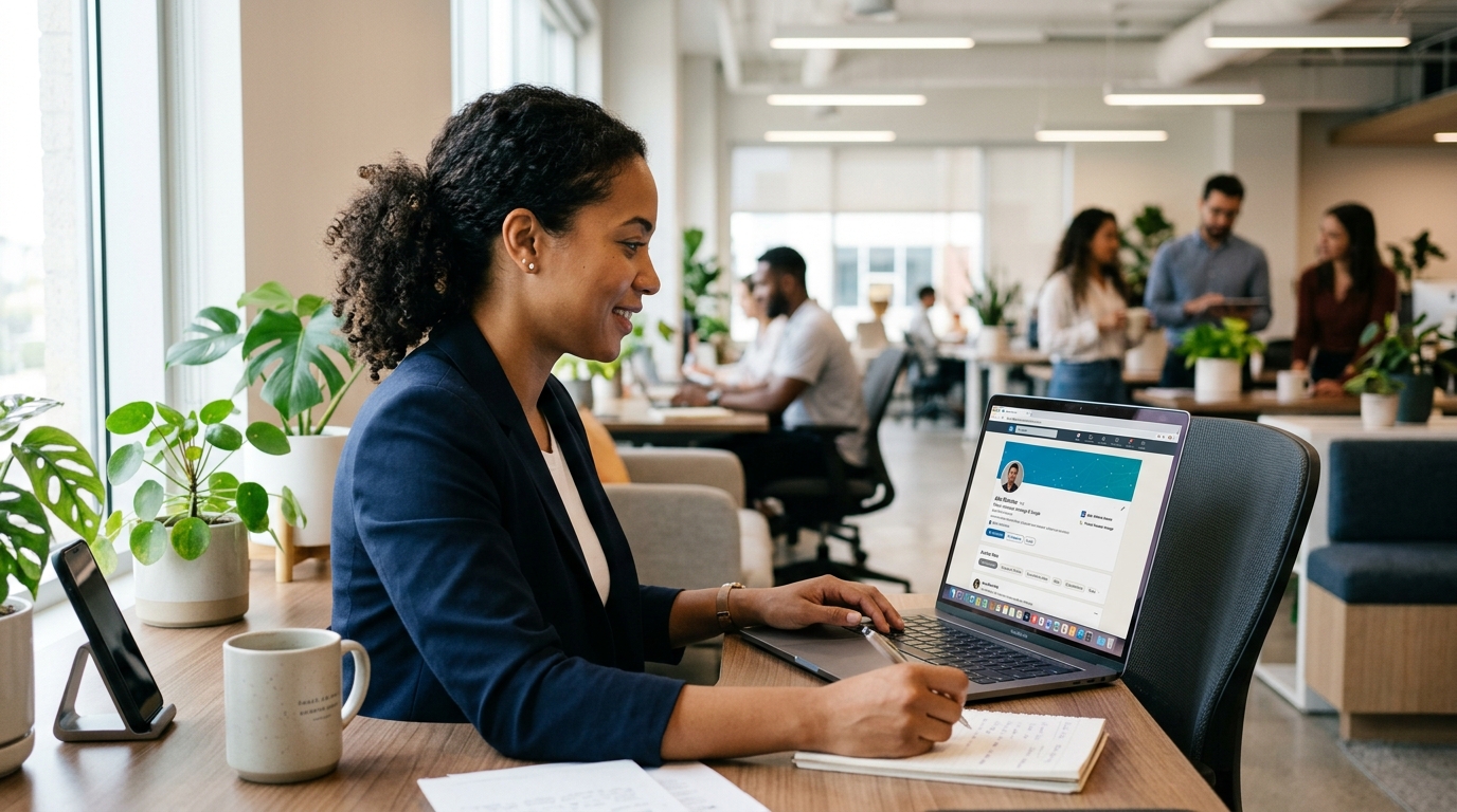 A professional updating their LinkedIn profile on a laptop