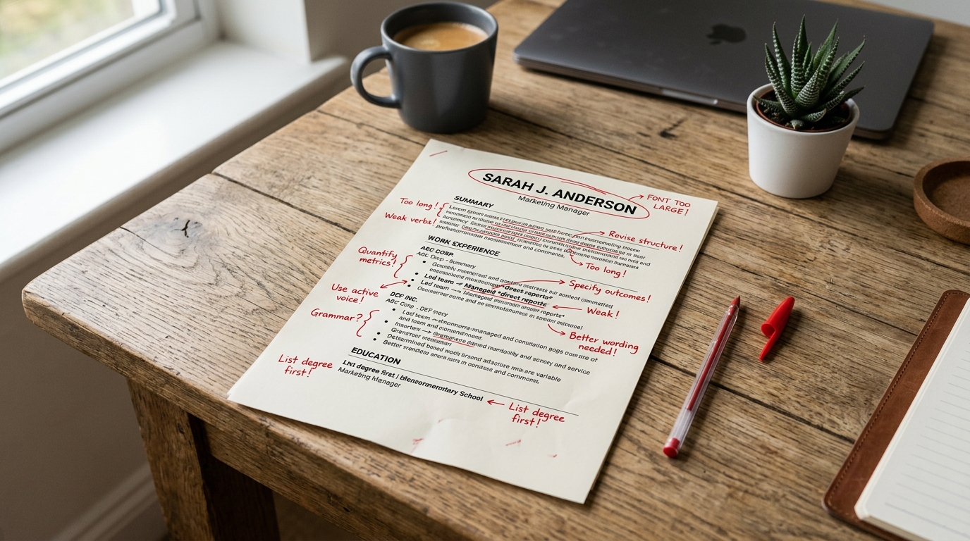 A resume document marked up with red pen showing common mistakes
