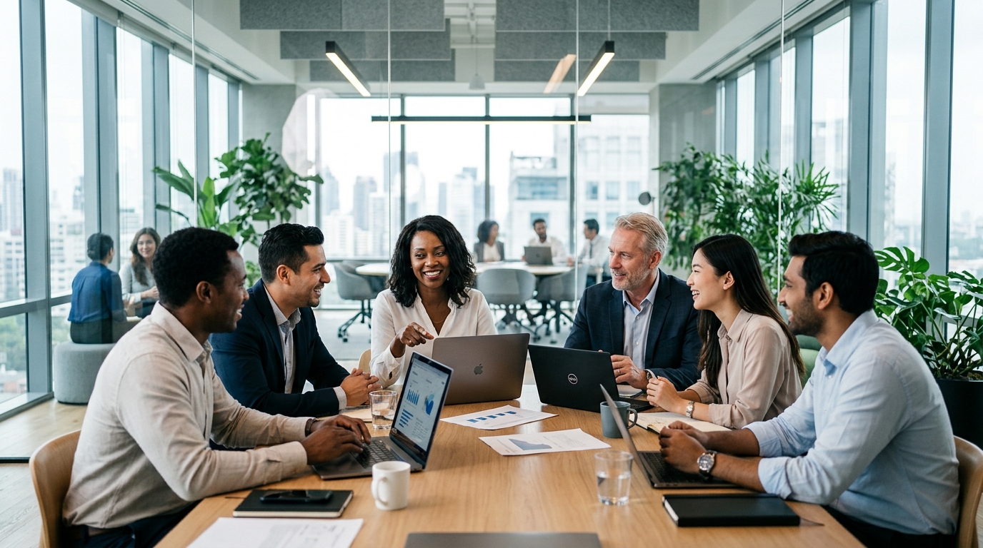 Business professionals collaborating in a modern office