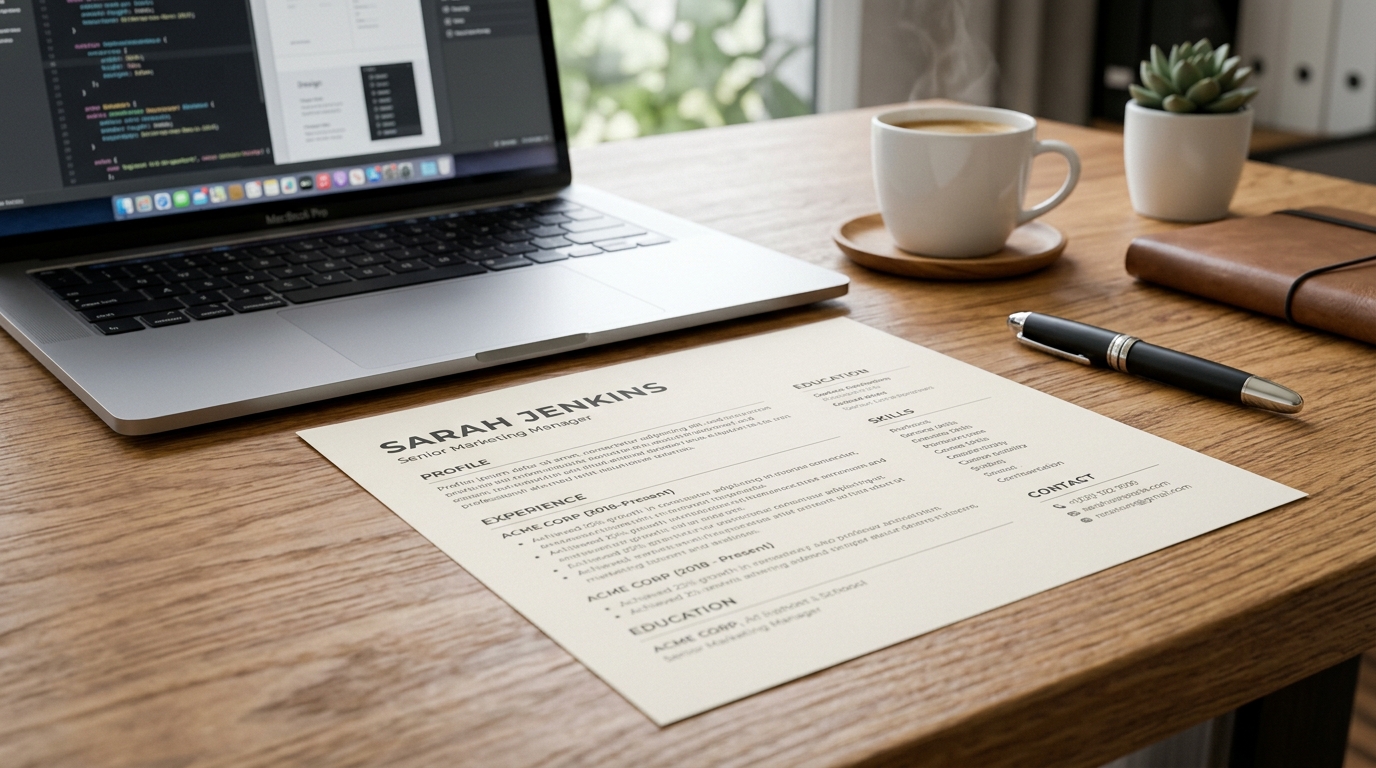 A polished resume document on a desk with a pen